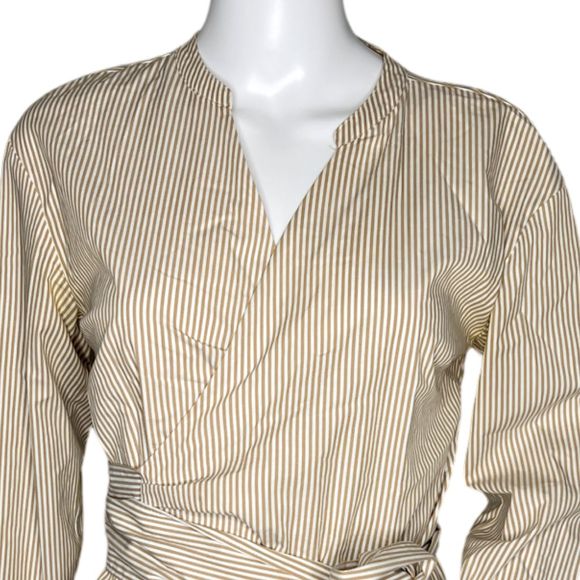 J. Crew Shirt Women Small Petite Wrap Blouse Brown Stripe Mandarin Collar Belted - Picture 5 of 6